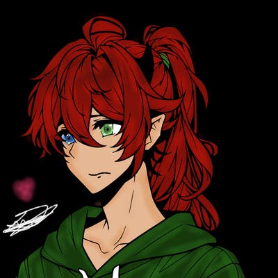 realistic hot anime boy with horns and long messy hair put in a pony tail