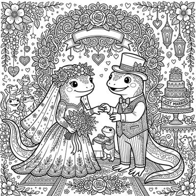 Dive into a world of amphibious romance with this charming adult coloring page featuring a newt wedding! Perfect for those who love intricate designs and whimsical celebrations.