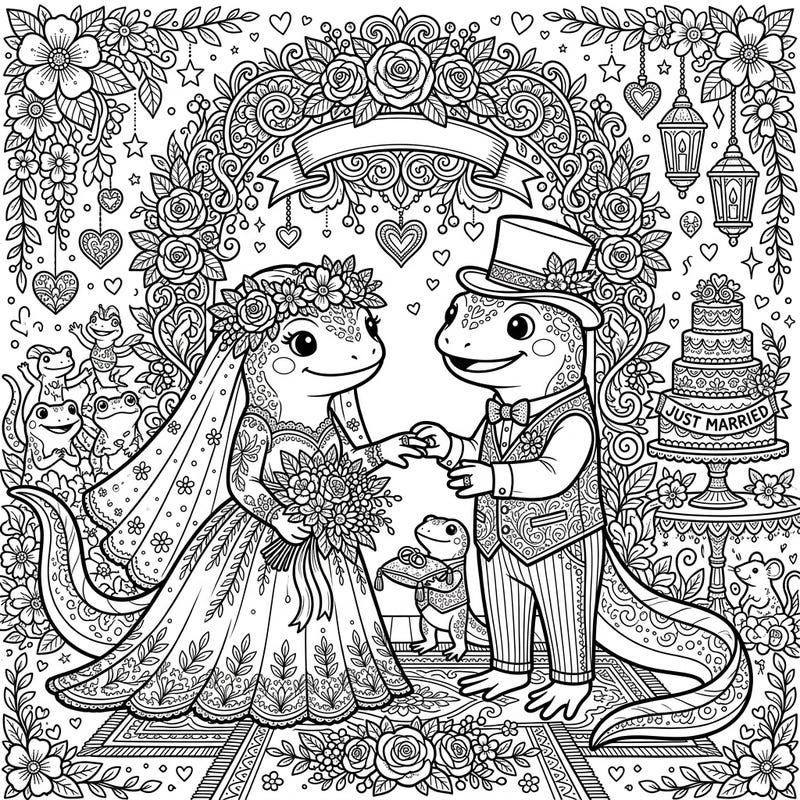 Dive into a world of amphibious romance with this charming adult coloring page featuring a newt wedding! Perfect for those who love intricate designs and whimsical celebrations.