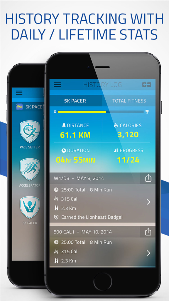 Pacer 5K: run faster races - A mobile phone displaying the history log of the Pacer 5K app showing total distance, calories burned, and duration of runs.
