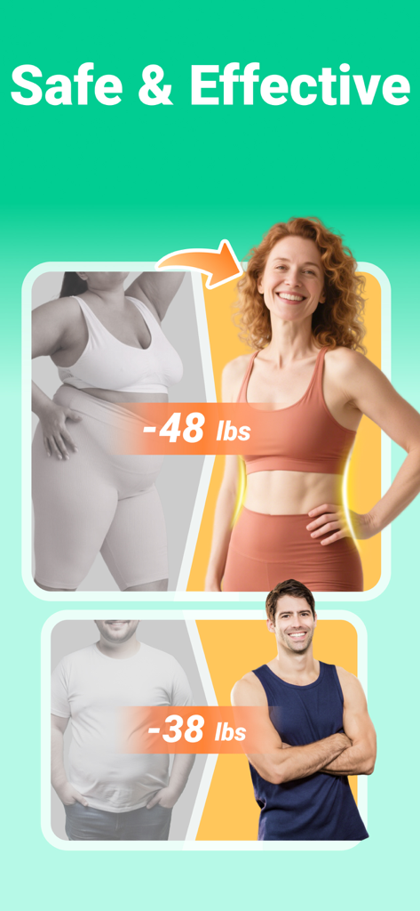 Before and after weight loss results of a woman and a man using the GoFasting app showing 48 and 38 pounds lost respectively.