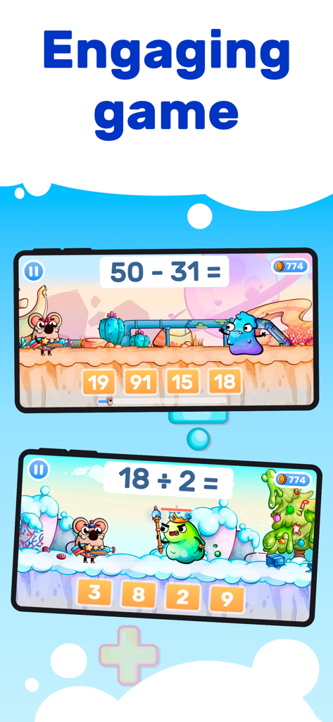 MathHero: Math Games for Kids - Gameplay screens from MathHero showing subtraction and division challenges for children.
