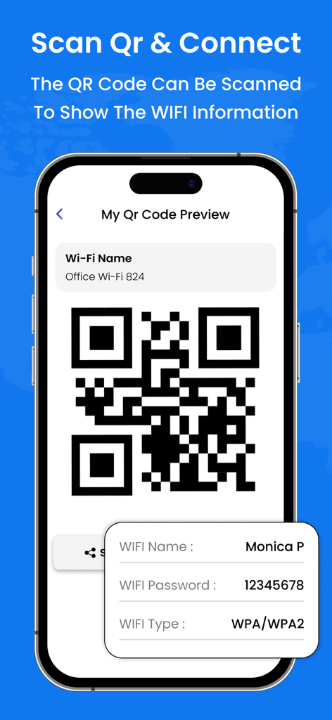 Wifi Password Router Admin Set - Uno screenshot di un'app mobile che mostra un codice QR generato per condividere dettagli della rete WiFi inclusi nome e password
