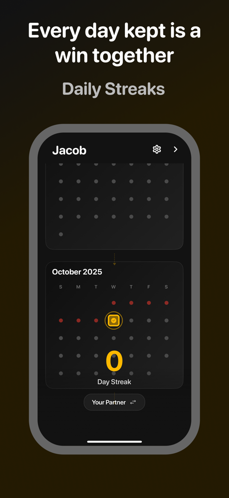 Una interfaz móvil de la aplicación de relaciones con IA Promise que muestra un calendario de rachas diarias para rastrear el compromiso.
