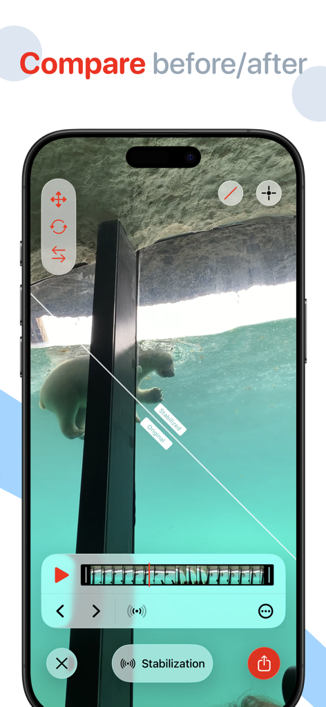 Emulsio 5 › Video Enhancer - Emulsio app split screen comparison showing original versus stabilized video footage
