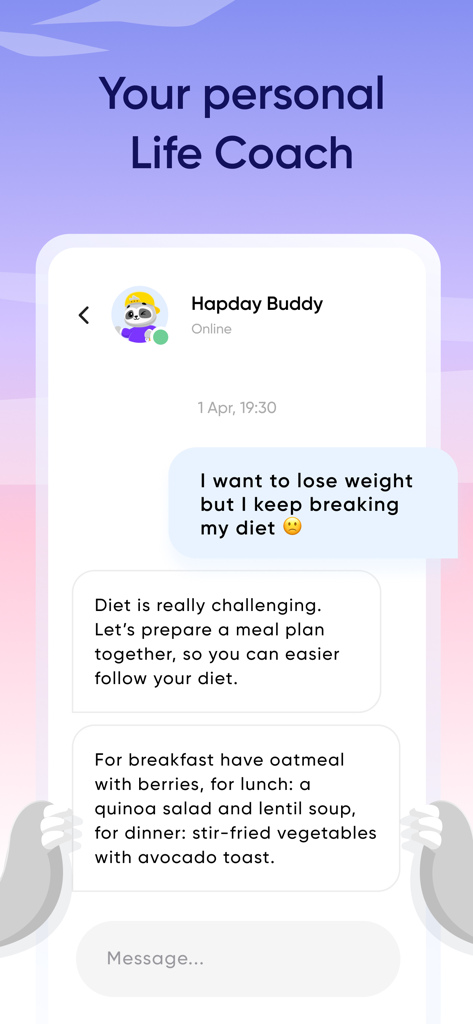 Chat interface of Hapday AI Life Coach providing a personalized meal plan for weight loss.