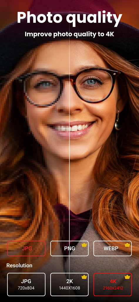 Enhance it - AI Photo Editor - Una comparación lado a lado que muestra un retrato borroso transformado en una imagen 4K de alta resolución usando mejora con IA