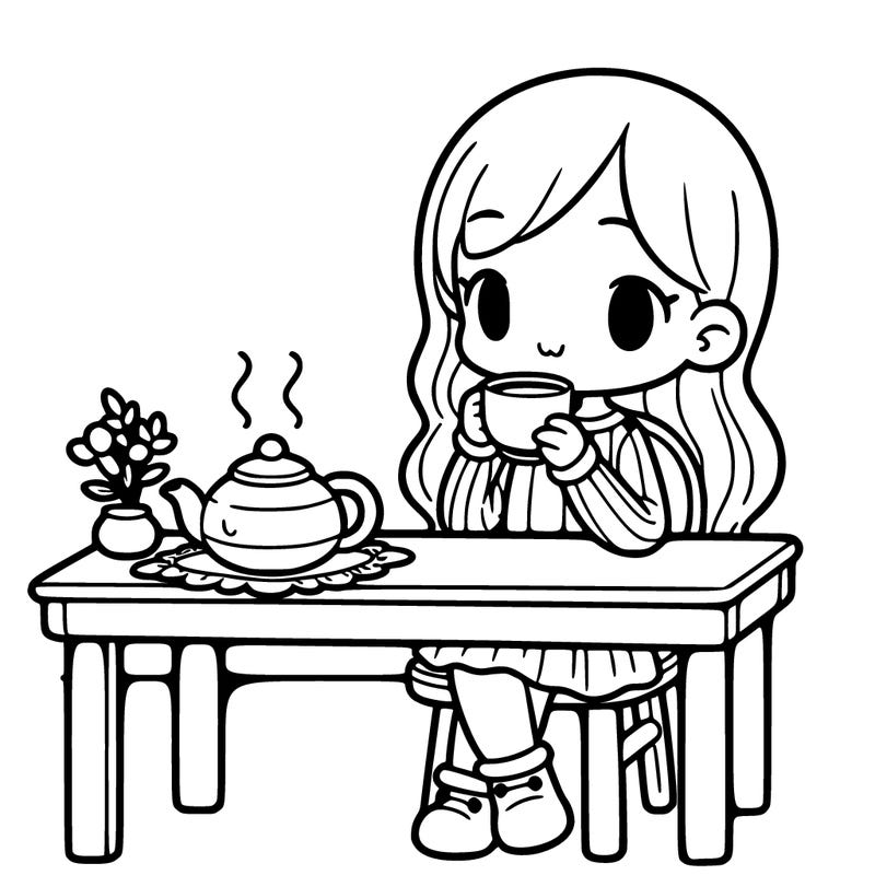 a girl drinking tea at a table with a teapot on the table