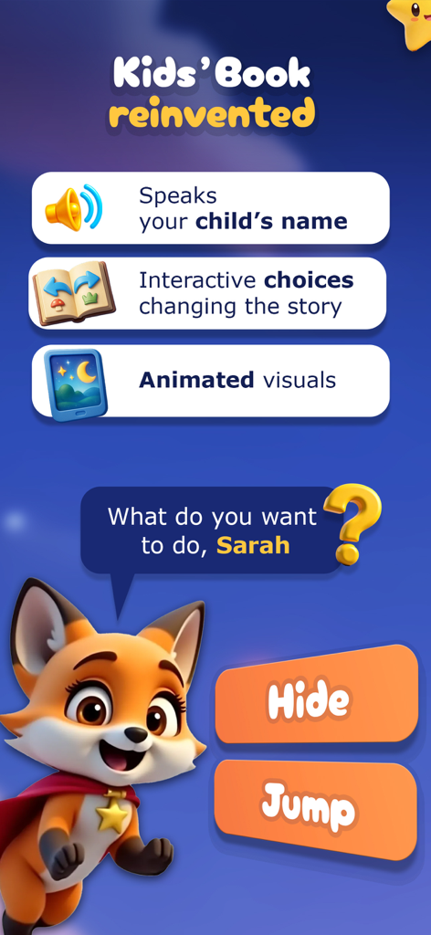 Interfaz de la aplicación Lunesia que destaca cuentos infantiles personalizados con narración de voz y botones de elección interactivos