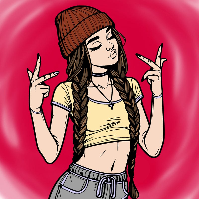 realistic teenage girl with braids and a beanie and crop top doing 🫶🏼