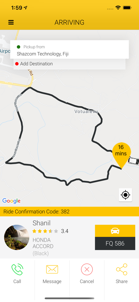FIJI CABS taxi tracking interface with arrival time and map