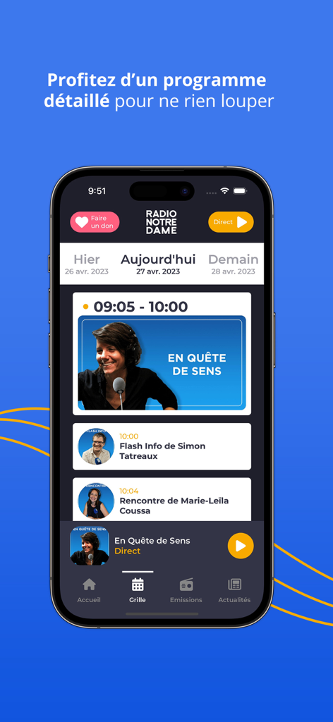 Interface do aplicativo Radio Notre Dame mostrando a programação diária de rádio e detalhes dos programas