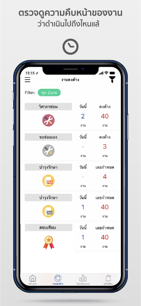 Factorium - Factorium mobile app dashboard displaying real-time maintenance task status for repairs, preventive maintenance, and calibration