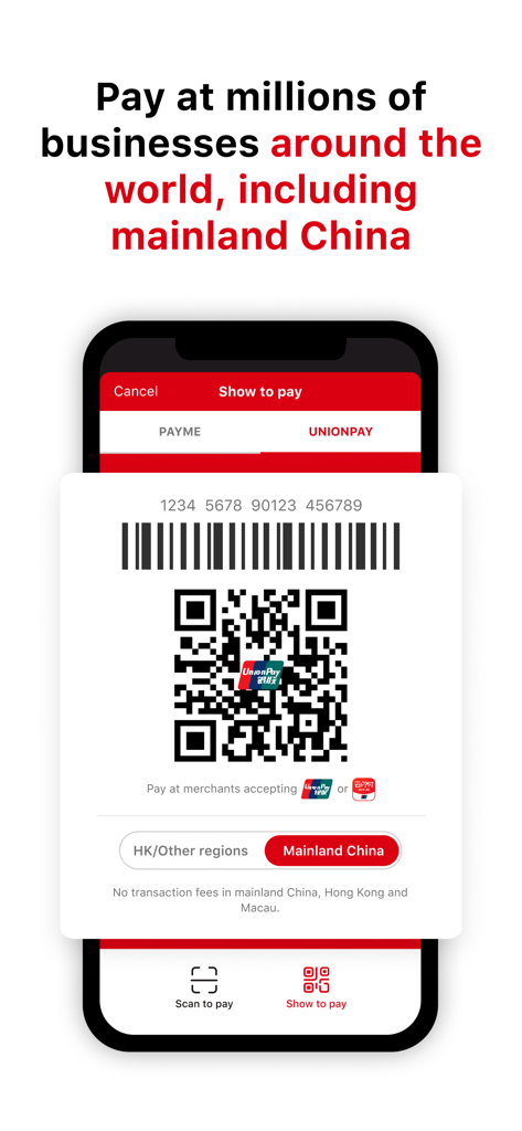PayMe by HSBC app screen showing a QR code for making payments at millions of businesses globally including mainland China