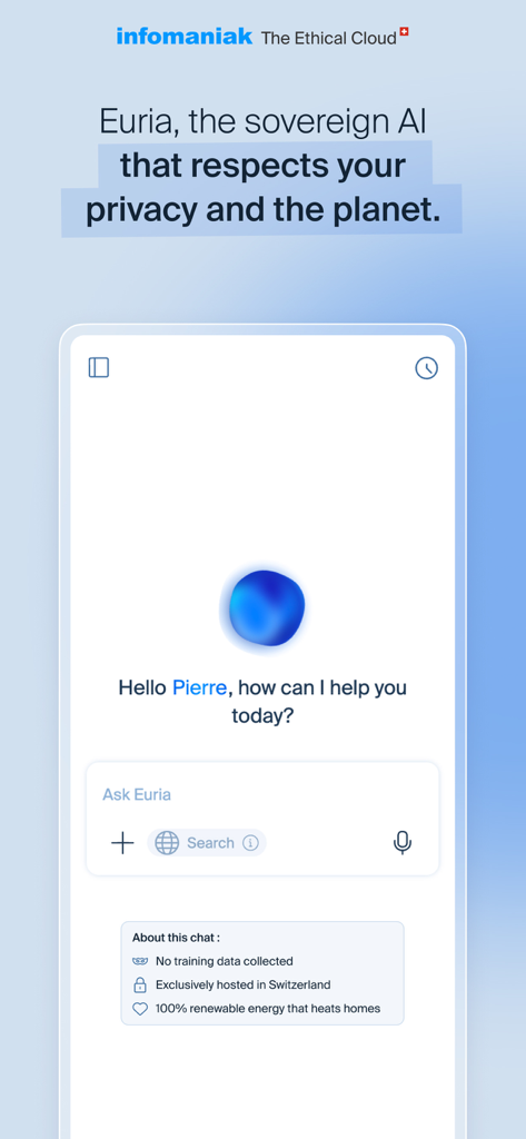 Infomaniak Euria mobile app interface displaying a chat screen with privacy and sustainability features