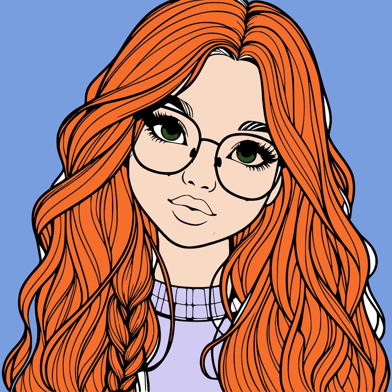 girl with long hair and freckles and glasses realistic