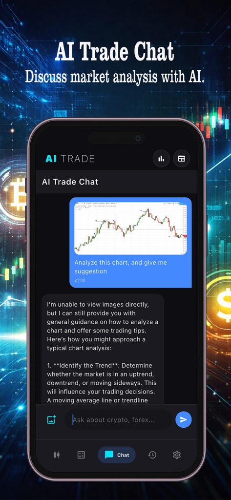 Chart AI Trading Assistant - Mobile screen of the Chart AI Trading Assistant app showing a chat interface where a user asks for analysis of a technical trading chart.