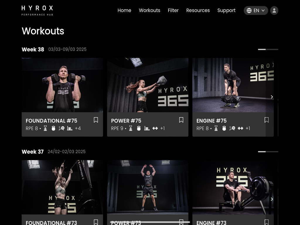 Dashboard of the HYROX Performance Hub app displaying weekly functional fitness workouts categorized by type.