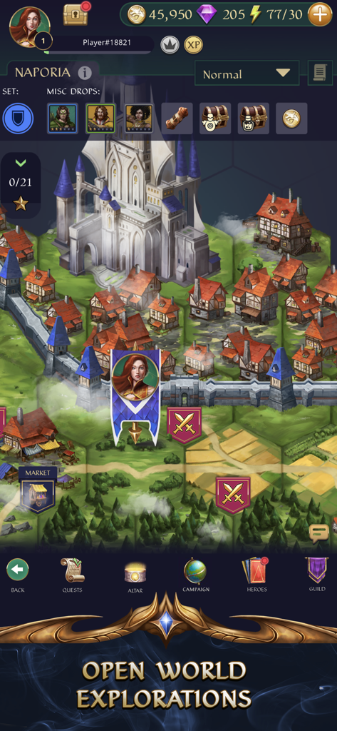 Captura de pantalla de juego del mapa del mundo abierto en Gemstone Legends que muestra un castillo de fantasía y varias ubicaciones