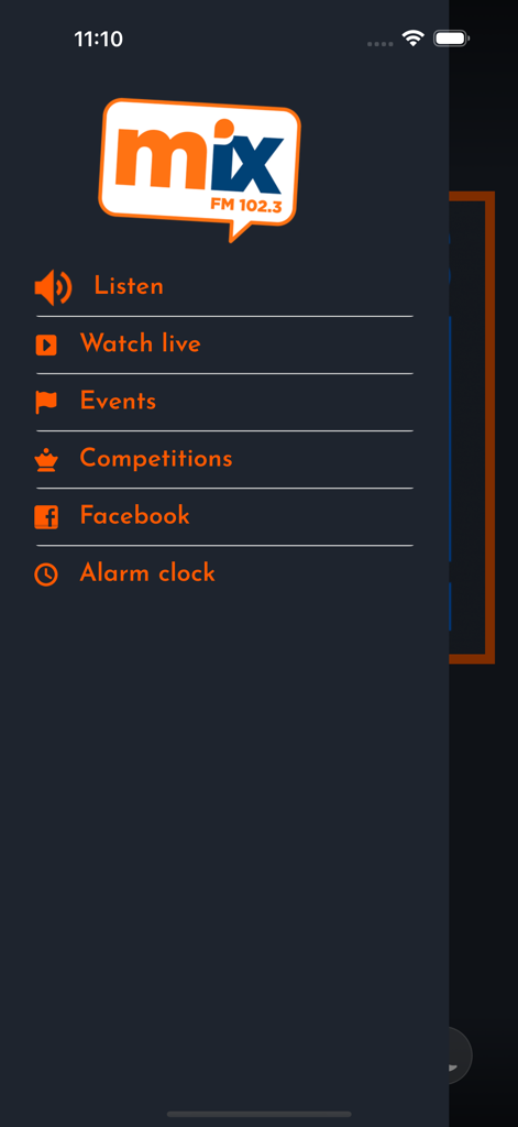 Mix FM Radio Cyprus - Mix FM Radio Cyprus mobile app side navigation menu with options like listen and watch live
