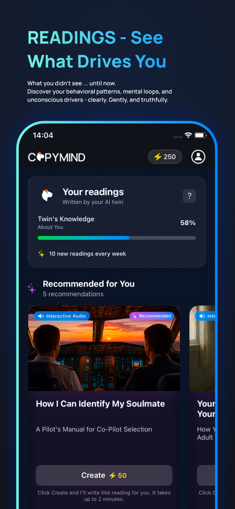 COPYMIND: AI Twin - Panel de lecturas personalizadas generadas por IA en la aplicación COPYMIND.