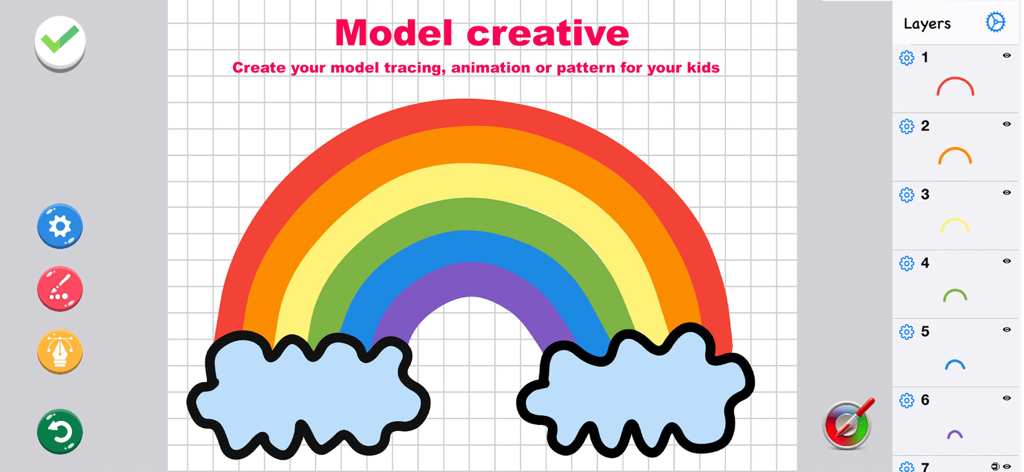 Kids Drawing, Doodle Painting - Oberfläche der Kindermal-App, die eine im kreativen Modellmodus erstellte Regenbogen- und Wolkenzeichnung für Zeichenlektionen zeigt.