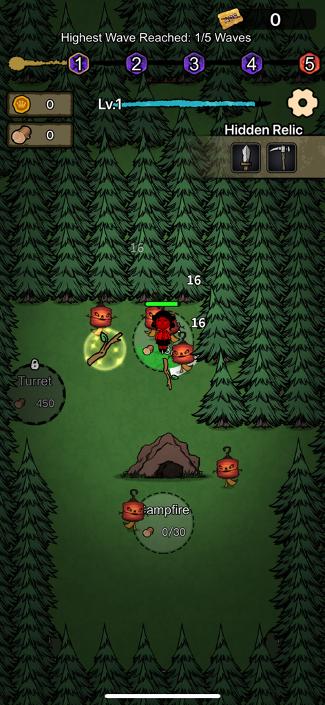 Wood Siege - Wood Siegeのトップダウン型サバイバルゲームプレイ。キャラクターの進行と森の探索が特徴。