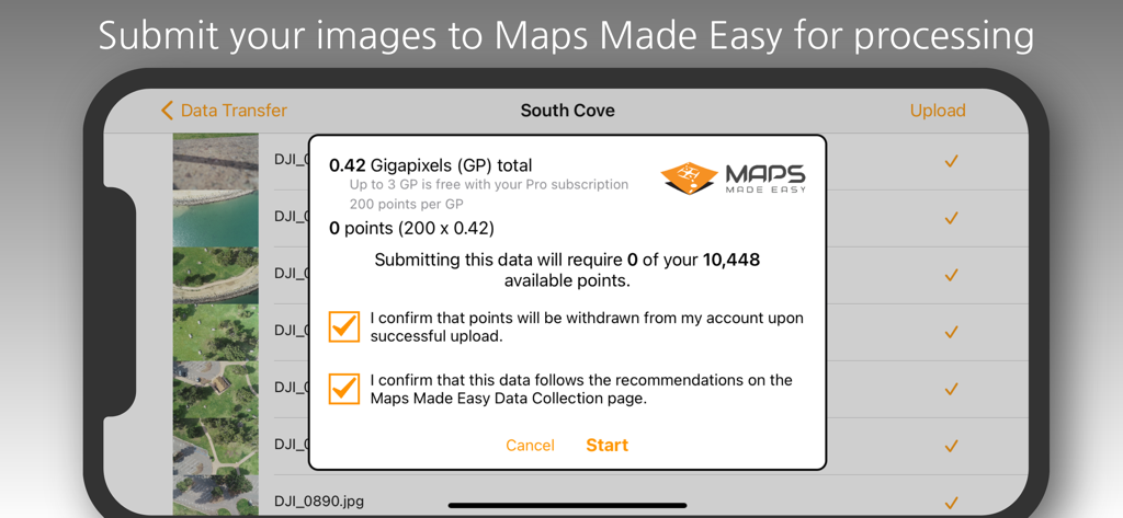 Map Pilot Pro App-Oberfläche, die den Bildschirm zur Bestätigung des Daten-Uploads für die Verarbeitung durch Maps Made Easy zeigt.