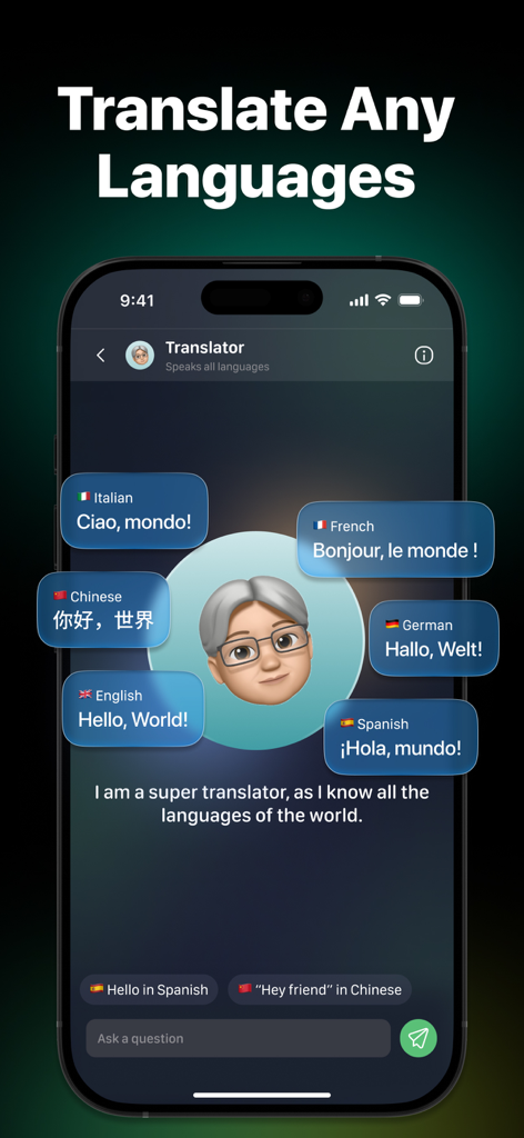 Screenshot of the Chat 5.0 app showing the AI Translate Expert feature with multiple language translations displayed in chat bubbles.