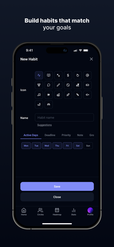 Ascend - Habit Tracker - A smartphone screen showing the habit creation interface in the Ascend app with icon and schedule selection