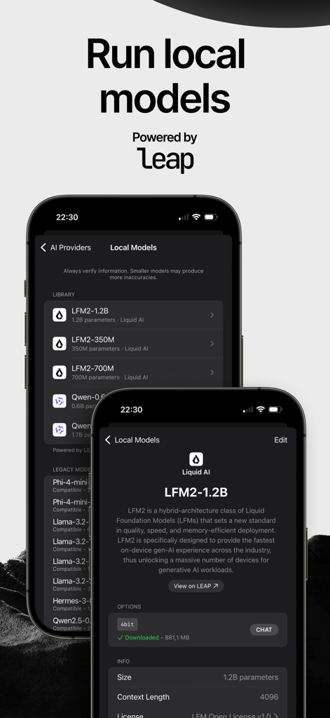 Apollo - Powered by Liquid - Apolloアプリのインターフェース。Leapで動作するプライベートローカルAIモデルのリストを表示しています。