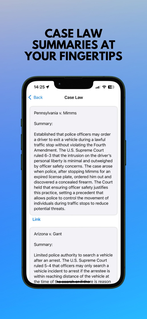 NY VTL app interface showing detailed legal case law summaries for New York traffic enforcement professionals