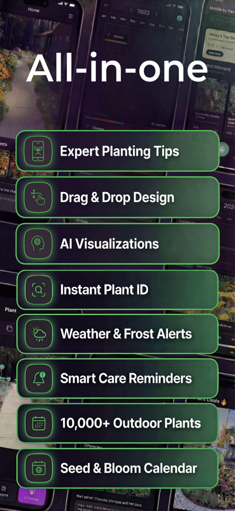 Sow: Garden & Landscape Design - Une liste de toutes les fonctionnalités de l'application Sow, y compris les outils de conception paysagère, l'identification des plantes et les alertes météorologiques.