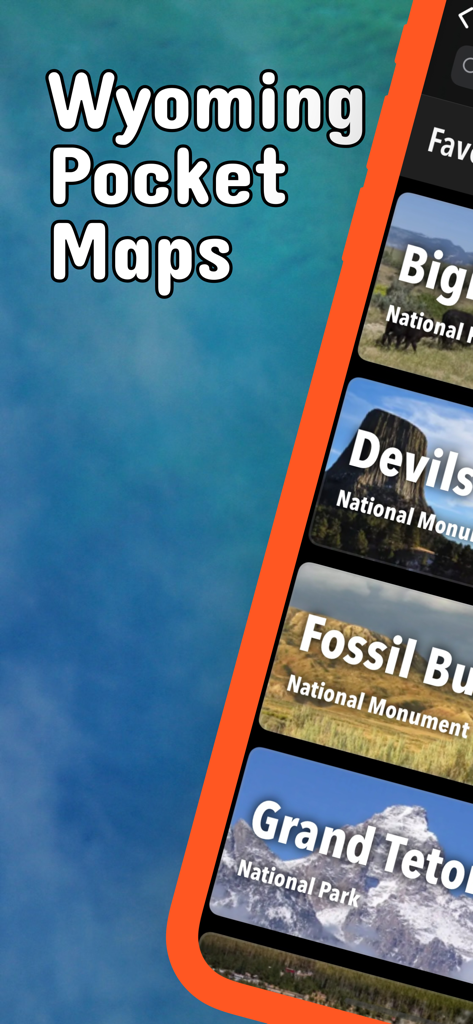 Wyoming Pocket Maps app showing a list of national parks and monuments including Grand Teton and Devils Tower
