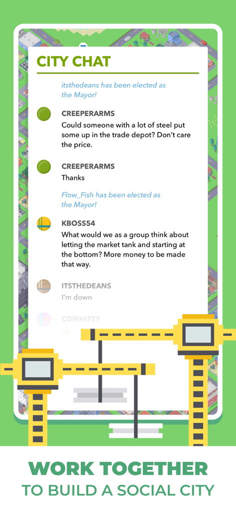 Pixel Plex: City Builder - Chat en jeu montrant les interactions des joueurs et les annonces d'élection du Maire dans Pixel Plex.