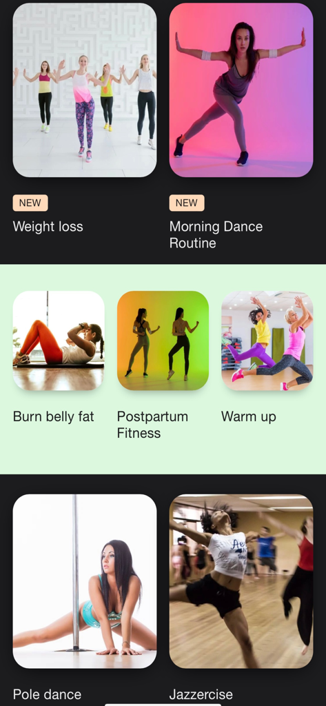 A selection of dance cardio and aerobics workout categories for weight loss and fitness.