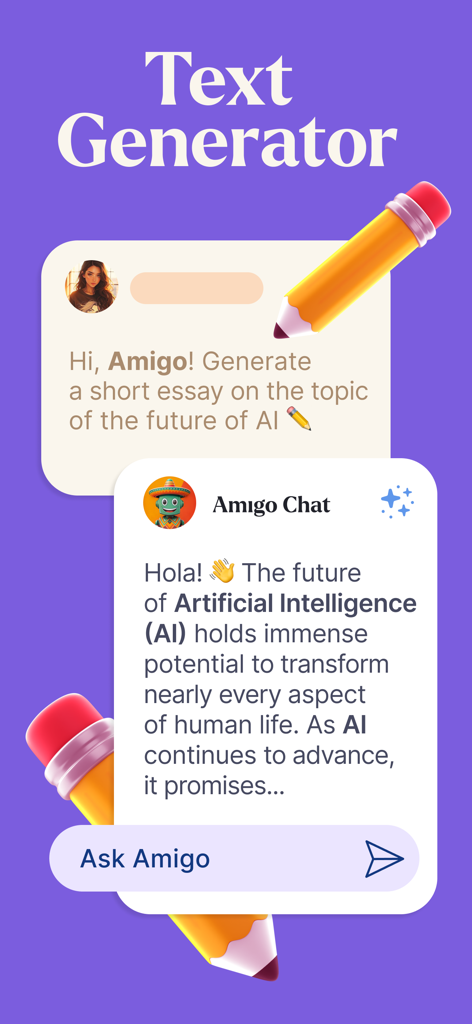 Amigo Chat - AI GPT assistant - Interface of Amigo Chat showing an AI text generator creating an essay about the future of artificial intelligence.
