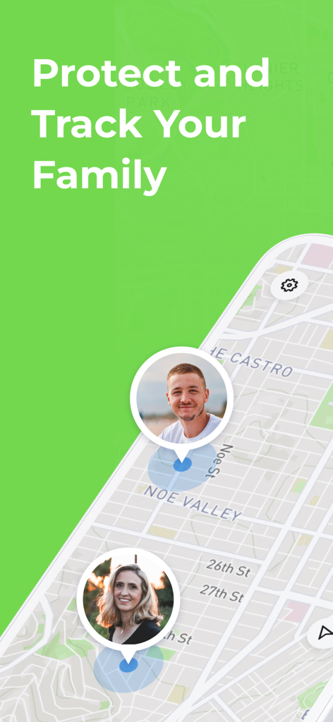 家族追跡アプリのインターフェースが、地図上で家族のリアルタイムな位置を表示
