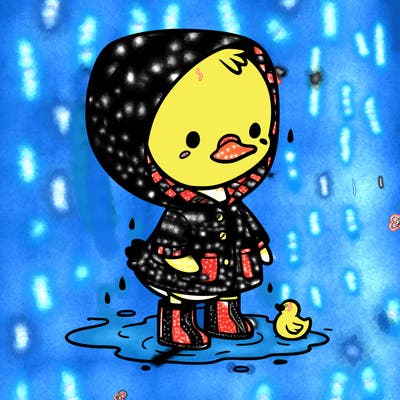 baby duck in a rain coat and boots, in a puddle while it’s raining