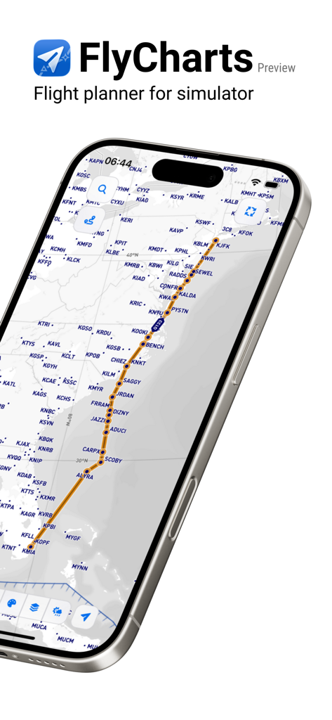 FlyCharts - FlyCharts app showing a flight planning route on a navigation map for flight simulators