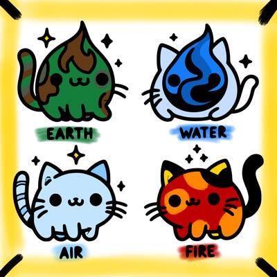 4 cats that represent the different elements, earth, water, air, and fire