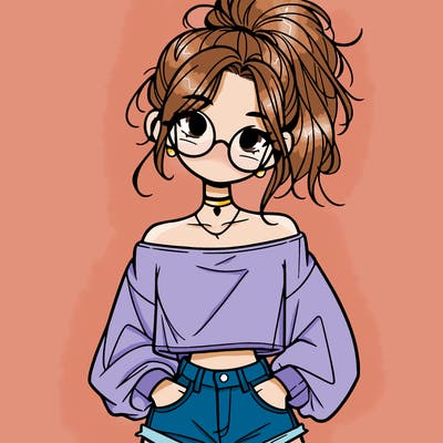 girl with a messy ponytail glasses a baggy crop top and jean shorts