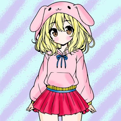 pretty anime girl wearing a fluffy hoodie with bunny ears on the hood and a skirt