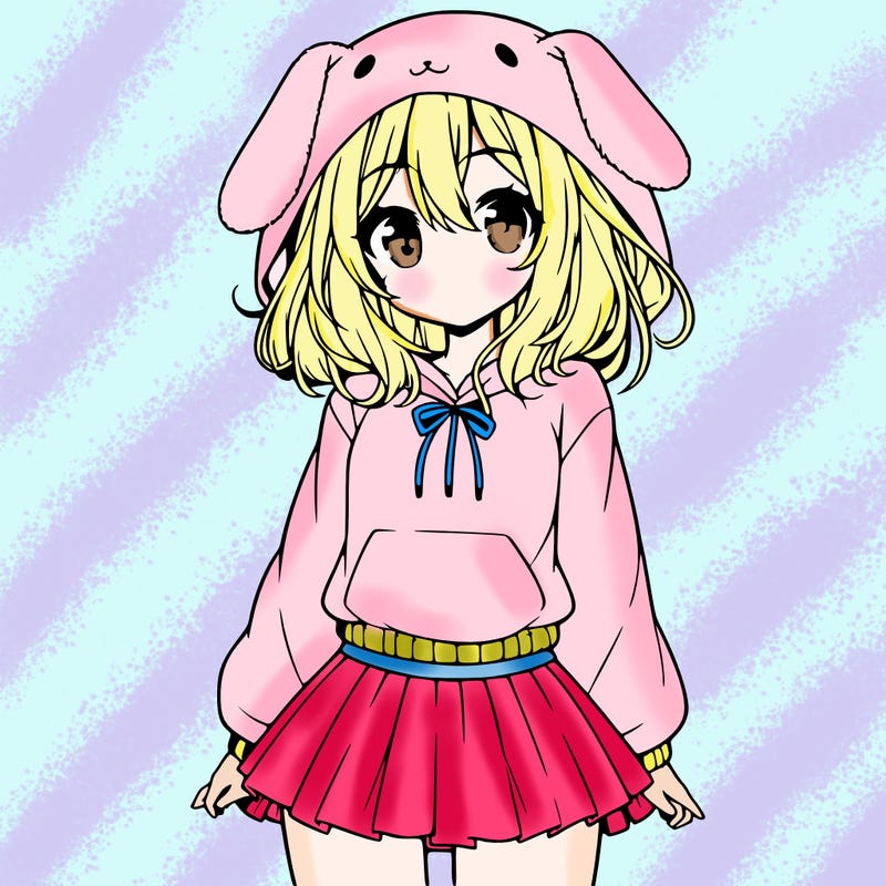 pretty anime girl wearing a fluffy hoodie with bunny ears on the hood and a skirt