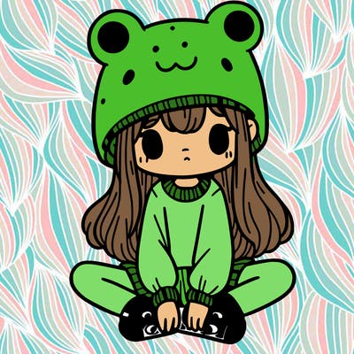 a girl wearing a frog hat and some frog socks