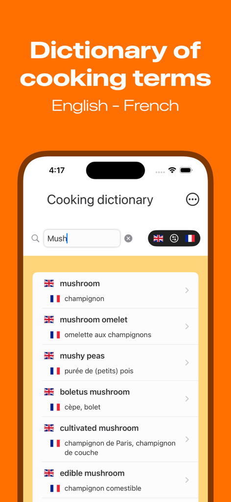 A search results screen in the Dictionary of cooking terms app showing English to French translations for mushroom.