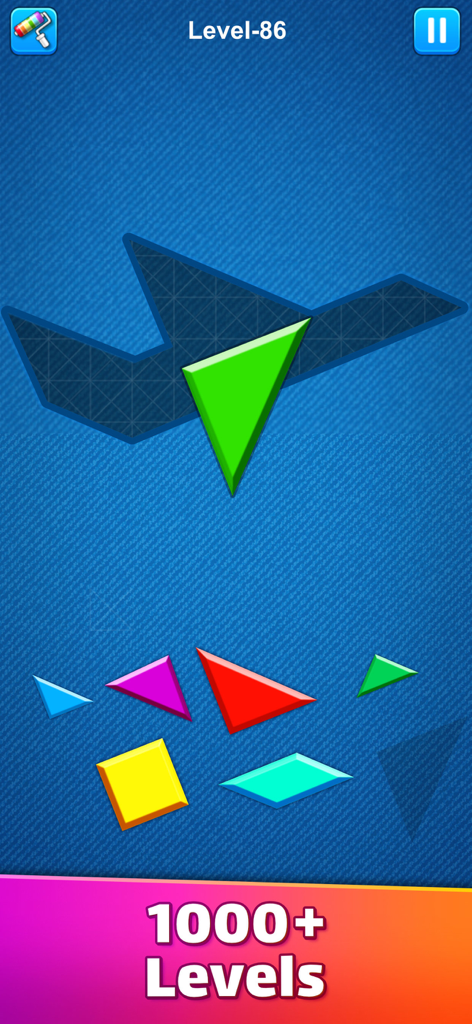 Gameplay-Bildschirm von Tangram Puzzle, der zeigt, wie bunte geometrische Teile in eine Silhouette auf Level 86 eingefügt werden