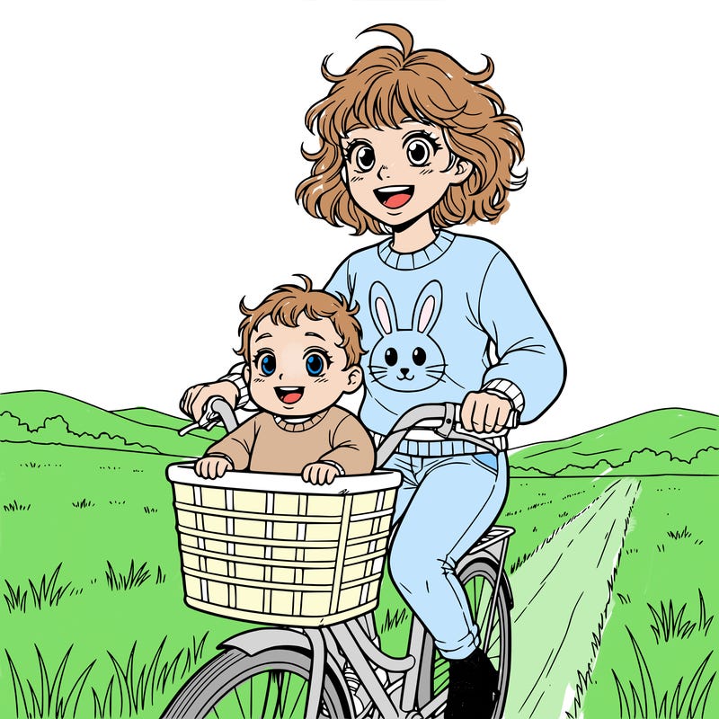 a baby with curly hair a girl holding her. the girl was wearing a bunny sweater with jeans the girl is 😊 ride in a bike the baby was in the  basket she ridin bike in the field. no trees and the baby,is 😊