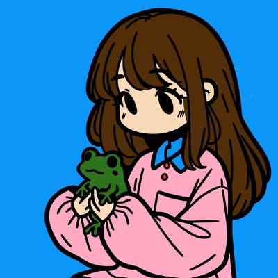 girl with long hair and a oversized shirt. and she is holding a frog