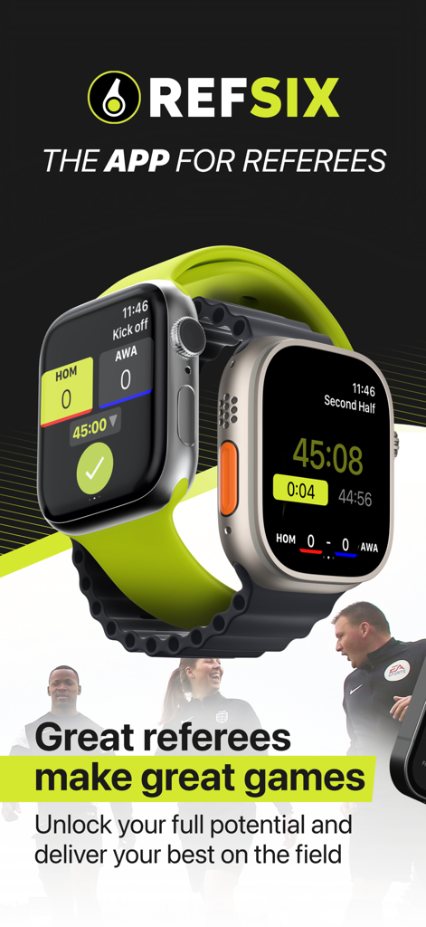 REFSIX - Soccer Referee app - REFSIX soccer referee app displayed on smartwatches showing match timers and scores